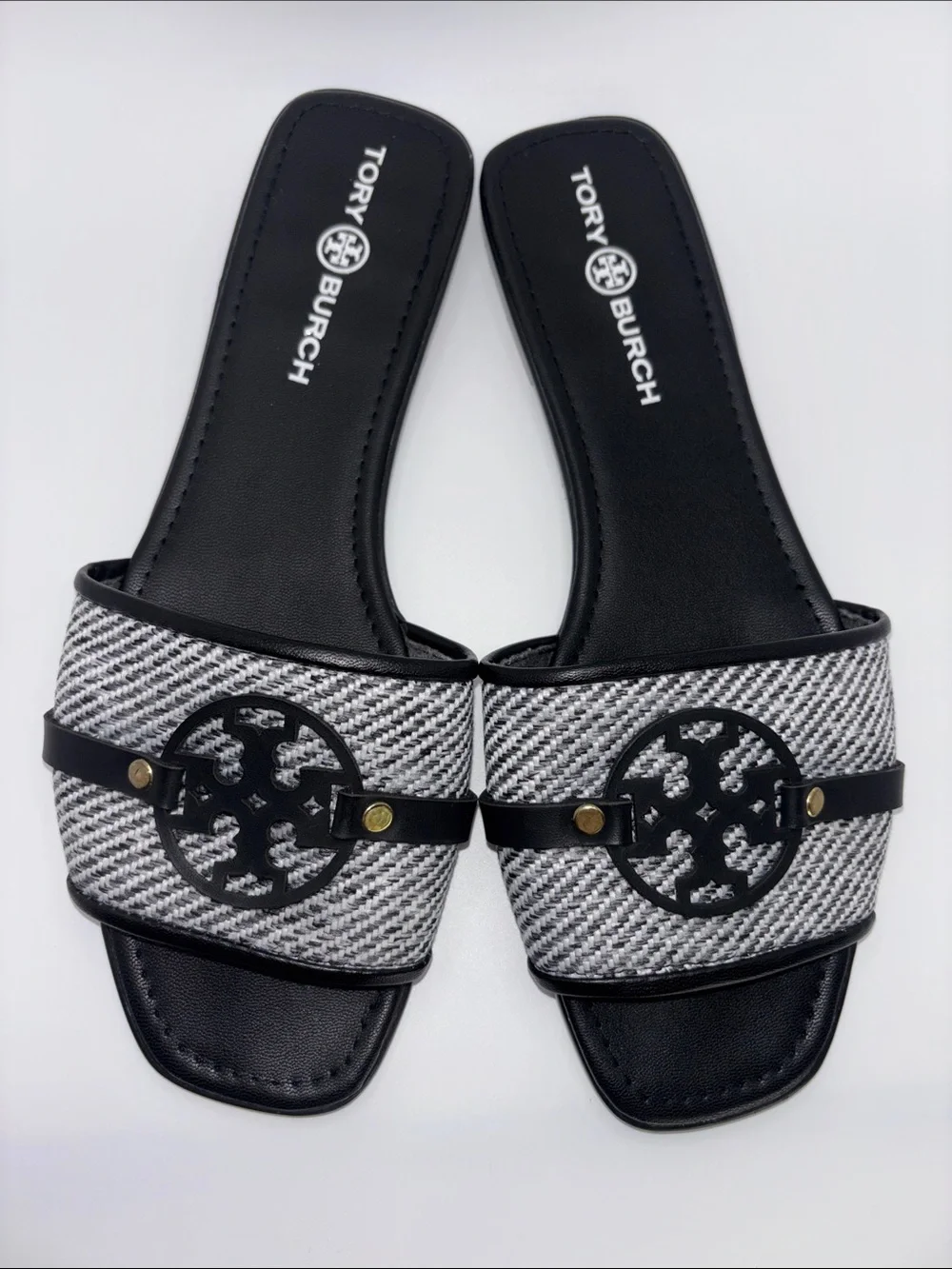 Tory Burch Black & White Logo Tweed Slide Sandals
